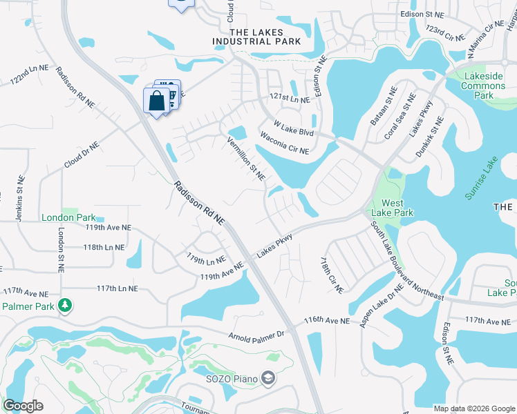 map of restaurants, bars, coffee shops, grocery stores, and more near 12008 Urbank Circle Northeast in Minneapolis