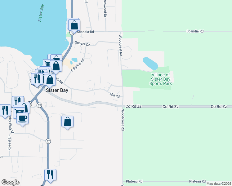 map of restaurants, bars, coffee shops, grocery stores, and more near 2210 Mill Road in Sister Bay