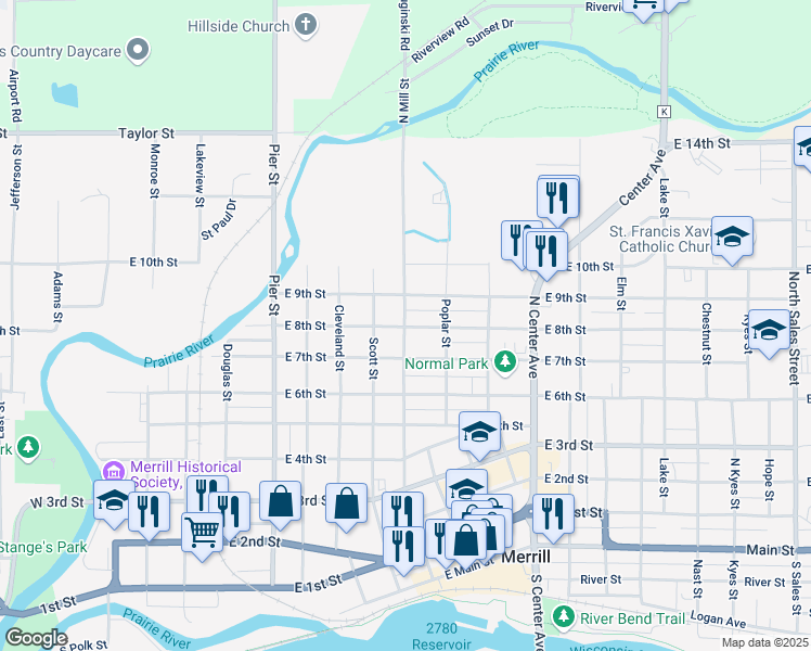 map of restaurants, bars, coffee shops, grocery stores, and more near 805 North Mill Street in Merrill
