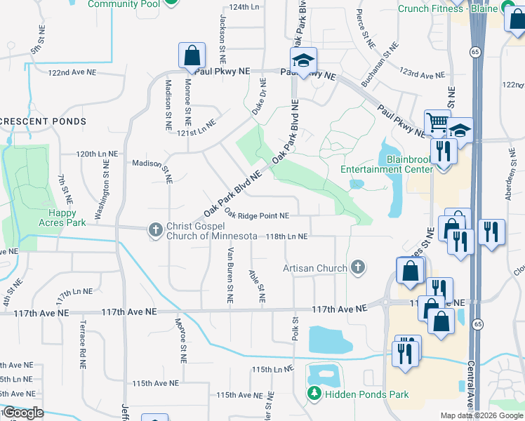 map of restaurants, bars, coffee shops, grocery stores, and more near 900 Oak Ridge Trail Northeast in Blaine