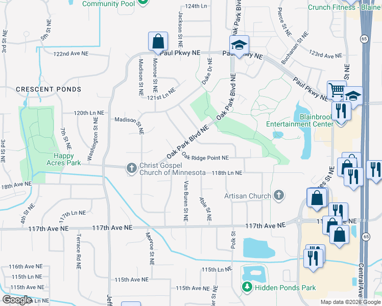 map of restaurants, bars, coffee shops, grocery stores, and more near 824 Oak Ridge Trail Northeast in Blaine