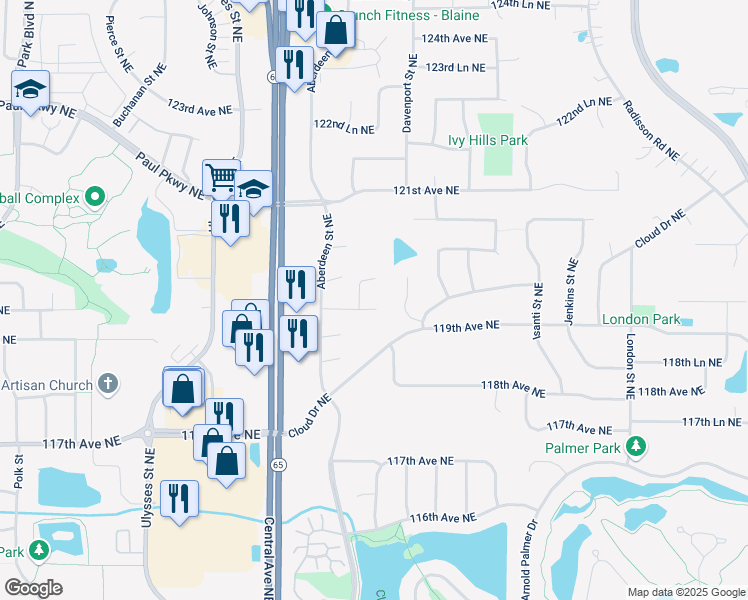 map of restaurants, bars, coffee shops, grocery stores, and more near 11971 Chisholm Street Northeast in Blaine