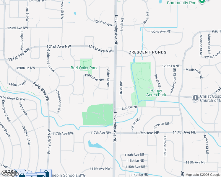 map of restaurants, bars, coffee shops, grocery stores, and more near 11943 Alder Street Northwest in Minneapolis
