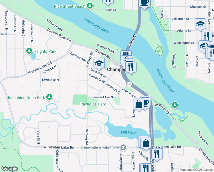 map of restaurants, bars, coffee shops, grocery stores, and more near 671 Independence Avenue North in Champlin