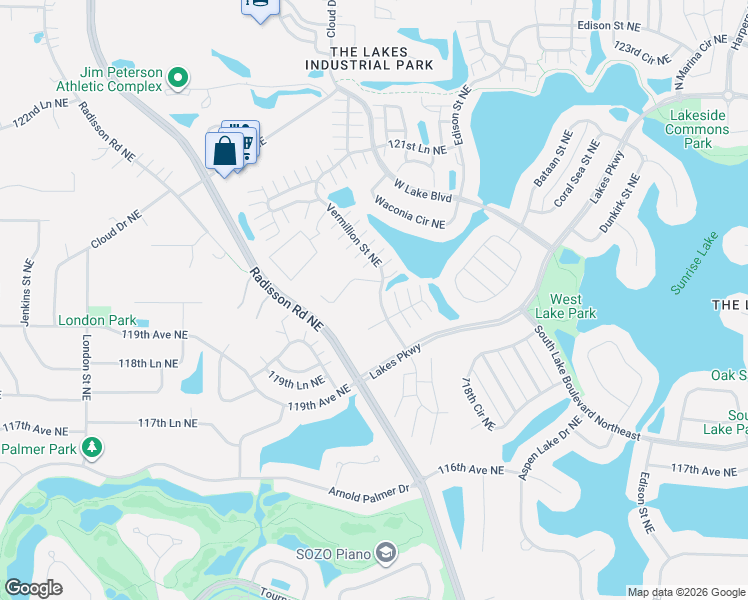 map of restaurants, bars, coffee shops, grocery stores, and more near 12008 Urbank Circle Northeast in Minneapolis