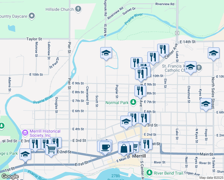 map of restaurants, bars, coffee shops, grocery stores, and more near 805 North Mill Street in Merrill