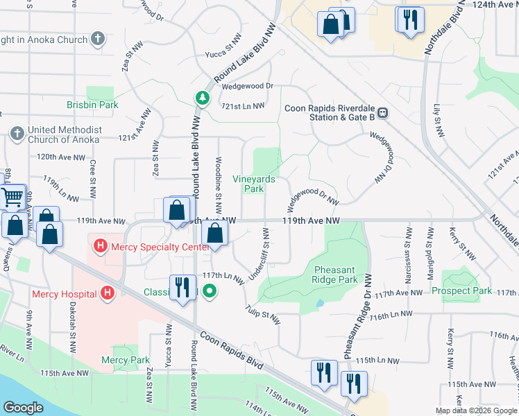 map of restaurants, bars, coffee shops, grocery stores, and more near 11919 Vintage Street Northwest in Coon Rapids