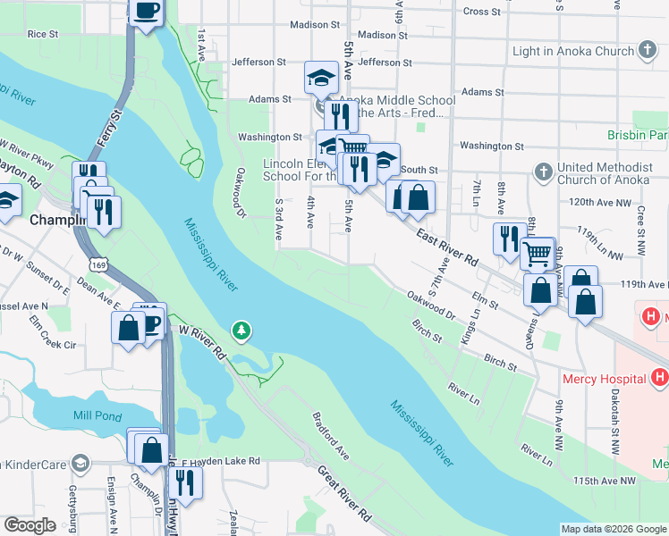map of restaurants, bars, coffee shops, grocery stores, and more near 429 Oakwood Drive in Anoka