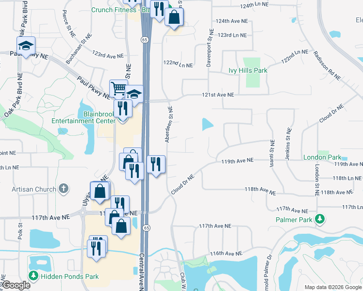 map of restaurants, bars, coffee shops, grocery stores, and more near 11971 Chisholm Street Northeast in Blaine