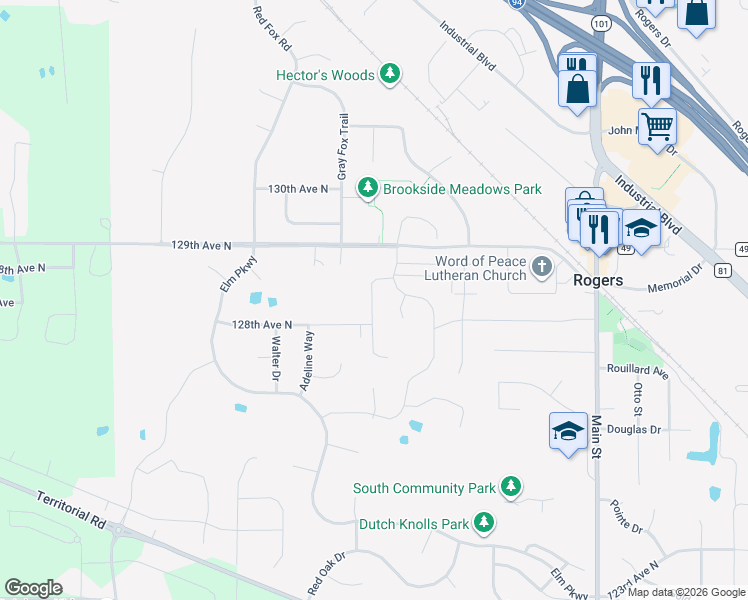 map of restaurants, bars, coffee shops, grocery stores, and more near 22101 129th Avenue North in Rogers
