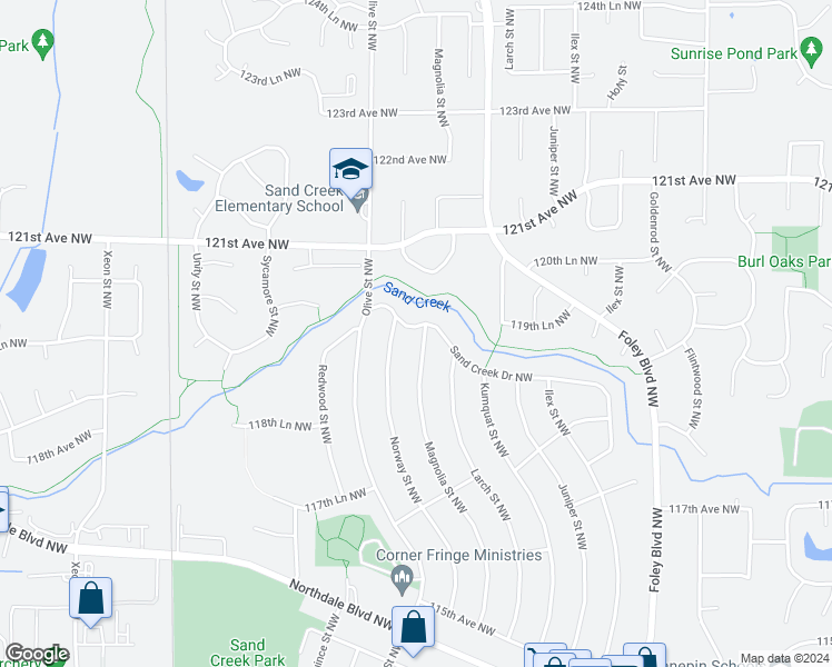 map of restaurants, bars, coffee shops, grocery stores, and more near 11948 Magnolia Street Northwest in Coon Rapids