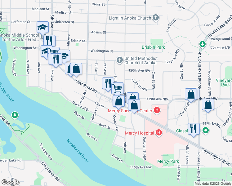 map of restaurants, bars, coffee shops, grocery stores, and more near 1209 8th Lane in Anoka