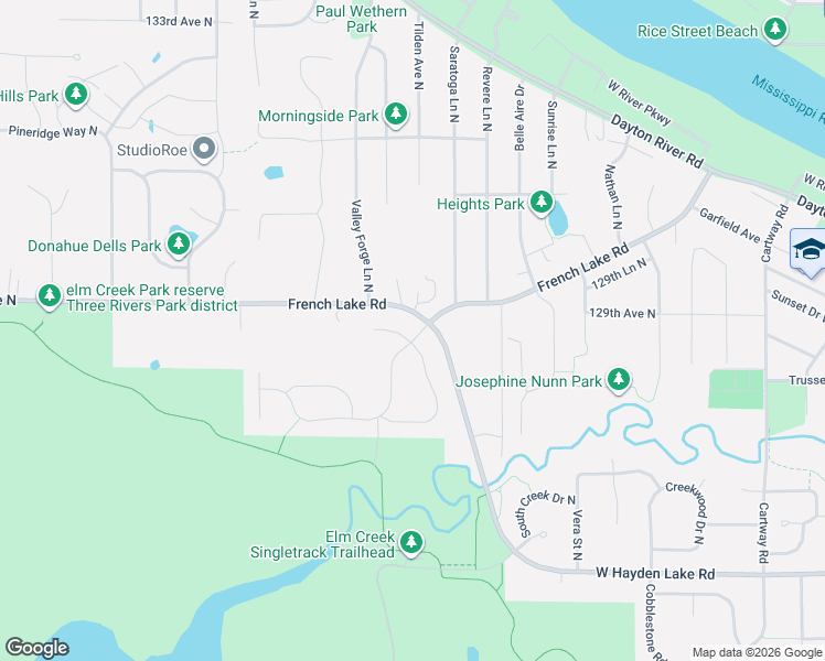 map of restaurants, bars, coffee shops, grocery stores, and more near 10580 Three Oaks Lane North in Champlin
