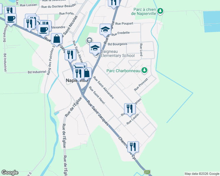 map of restaurants, bars, coffee shops, grocery stores, and more near 243 Rue Lord in Napierville