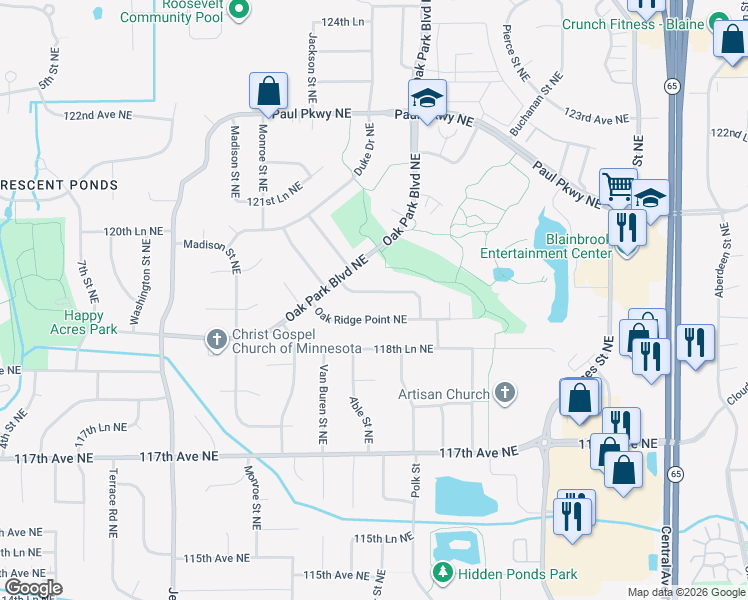 map of restaurants, bars, coffee shops, grocery stores, and more near 900 Oak Ridge Trail Northeast in Blaine
