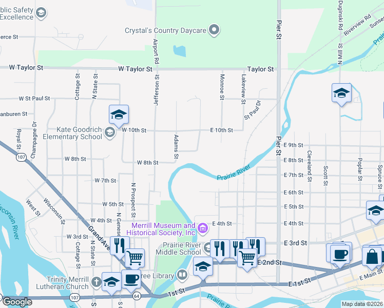 map of restaurants, bars, coffee shops, grocery stores, and more near 901 Madison Street in Merrill