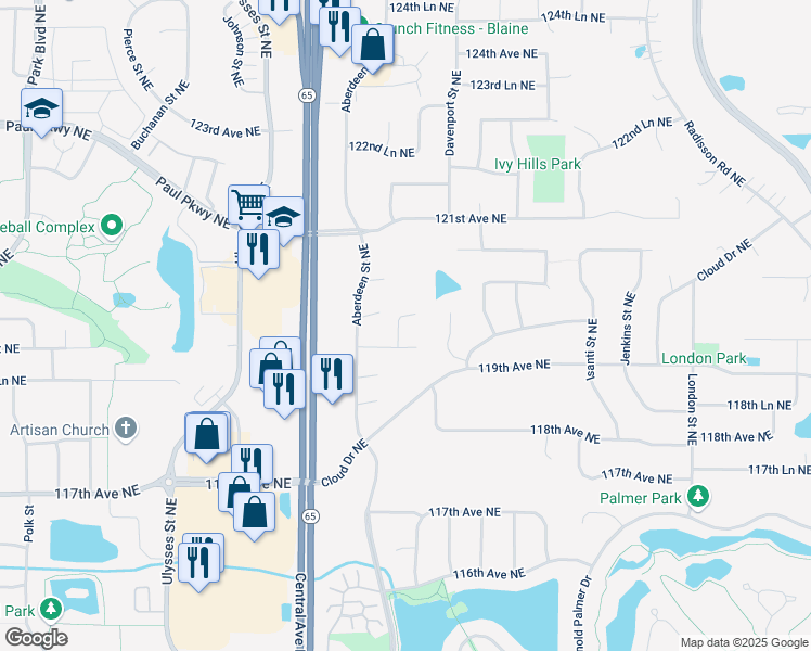 map of restaurants, bars, coffee shops, grocery stores, and more near 11971 Chisholm Street Northeast in Blaine