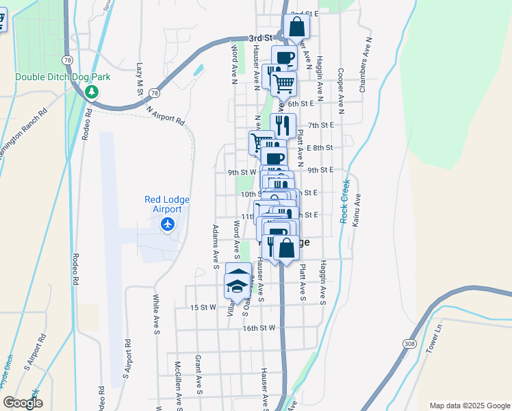 map of restaurants, bars, coffee shops, grocery stores, and more near 1 North Oakes Avenue in Red Lodge