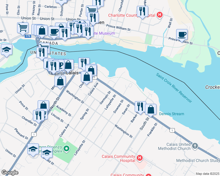 map of restaurants, bars, coffee shops, grocery stores, and more near 255 Main Street in Calais