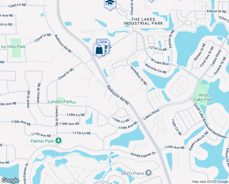 map of restaurants, bars, coffee shops, grocery stores, and more near 11937 Radisson Road Northeast in Blaine