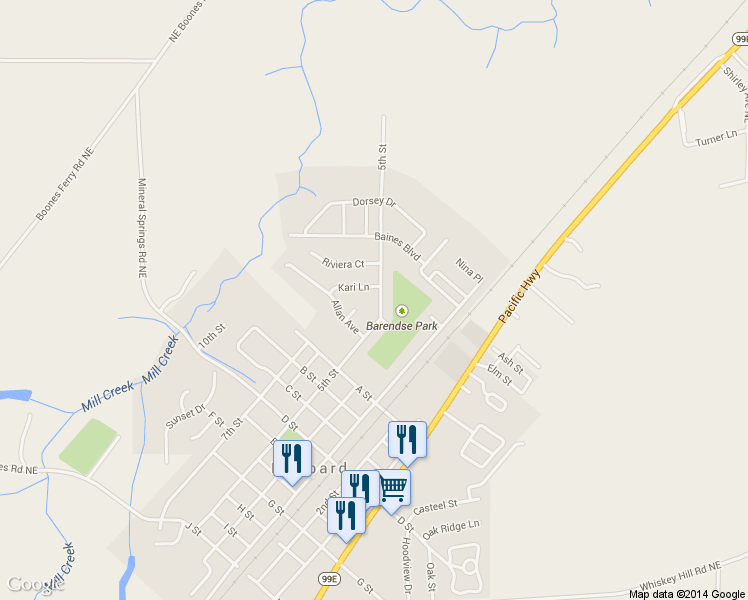 map of restaurants, bars, coffee shops, grocery stores, and more near 4275 5th Street in Hubbard