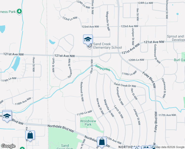 map of restaurants, bars, coffee shops, grocery stores, and more near 11959 Olive Street Northwest in Minneapolis