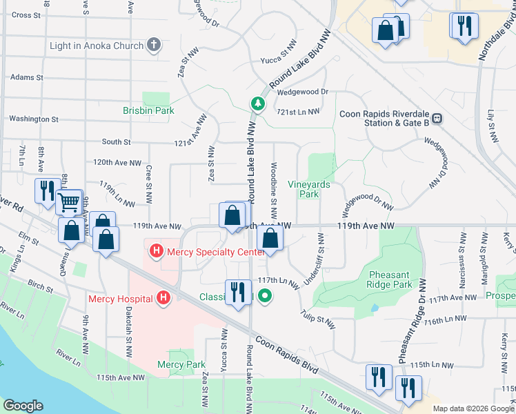 map of restaurants, bars, coffee shops, grocery stores, and more near 11919 Round Lake Boulevard Northwest in Coon Rapids