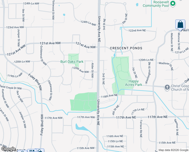 map of restaurants, bars, coffee shops, grocery stores, and more near 11943 Alder Street Northwest in Minneapolis
