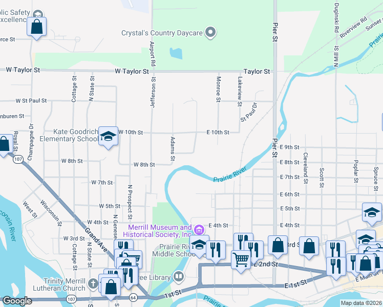 map of restaurants, bars, coffee shops, grocery stores, and more near 901 Madison Street in Merrill
