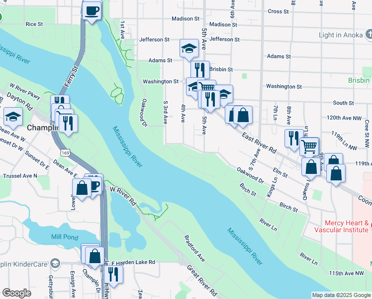 map of restaurants, bars, coffee shops, grocery stores, and more near 400 Oakwood Drive in Anoka