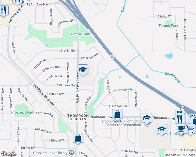 map of restaurants, bars, coffee shops, grocery stores, and more near 11941 Crocus Street Northwest in Coon Rapids