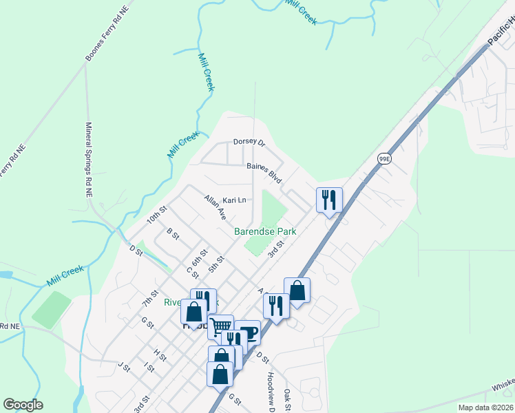map of restaurants, bars, coffee shops, grocery stores, and more near 4275 5th Street in Hubbard
