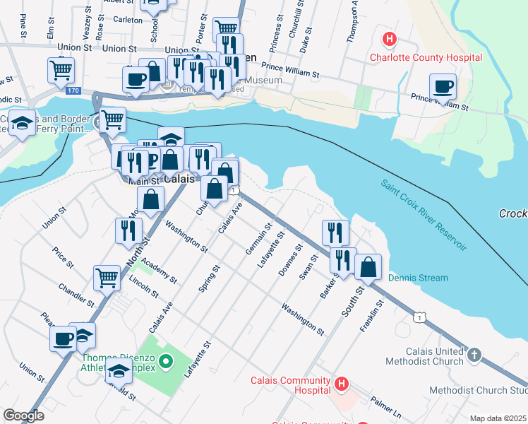 map of restaurants, bars, coffee shops, grocery stores, and more near 255 Main Street in Calais