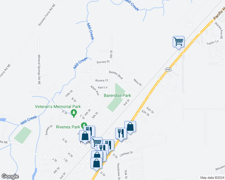 map of restaurants, bars, coffee shops, grocery stores, and more near 4274 5th Street in Hubbard