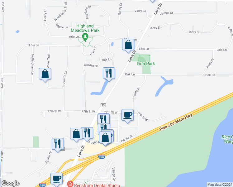 map of restaurants, bars, coffee shops, grocery stores, and more near 7772 Lake Drive in Circle Pines