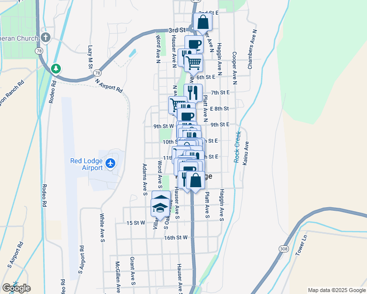 map of restaurants, bars, coffee shops, grocery stores, and more near 24 South Oakes Avenue in Red Lodge