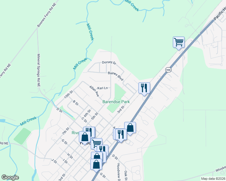 map of restaurants, bars, coffee shops, grocery stores, and more near 4274 5th Street in Hubbard