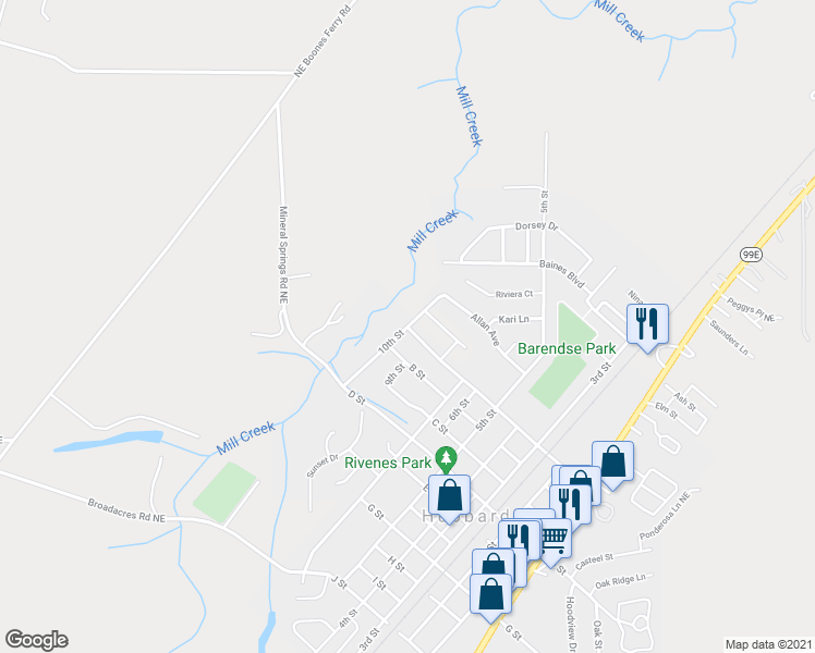 map of restaurants, bars, coffee shops, grocery stores, and more near 2155 A Street in Hubbard