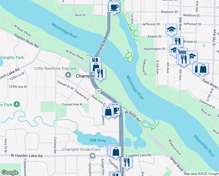 map of restaurants, bars, coffee shops, grocery stores, and more near 224 East River Parkway in Champlin