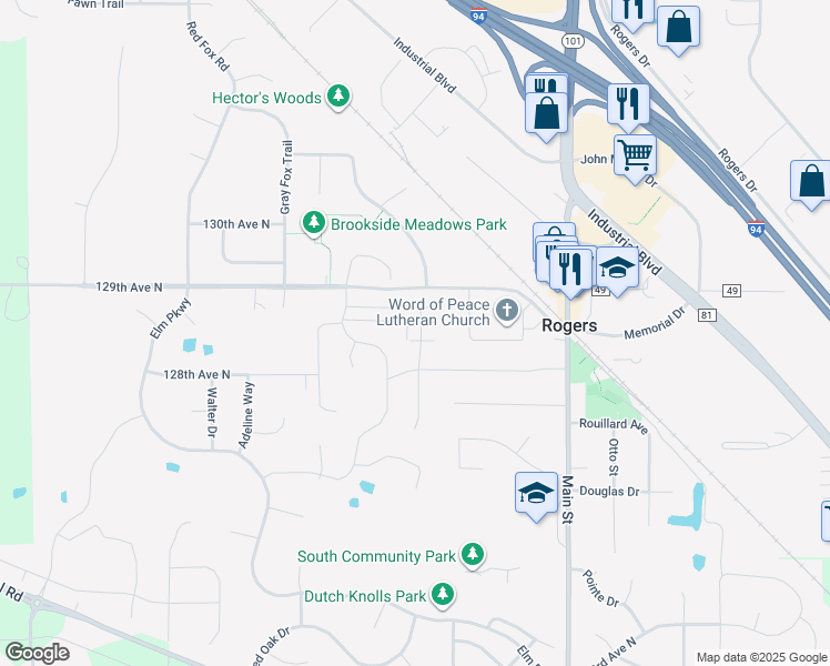 map of restaurants, bars, coffee shops, grocery stores, and more near 21845 129th Avenue North in Rogers