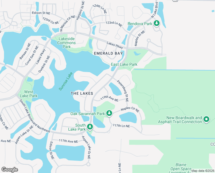 map of restaurants, bars, coffee shops, grocery stores, and more near 11995 Midway Street Northeast in Blaine