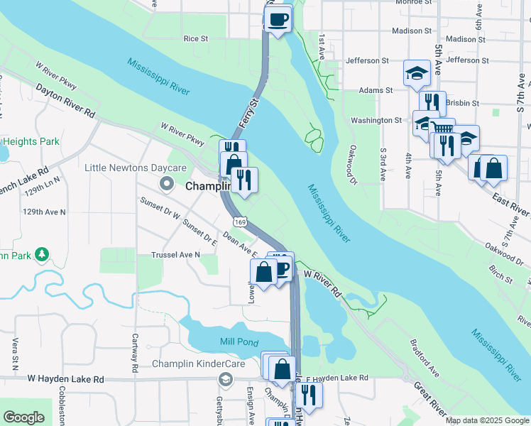 map of restaurants, bars, coffee shops, grocery stores, and more near 224 East River Parkway in Champlin
