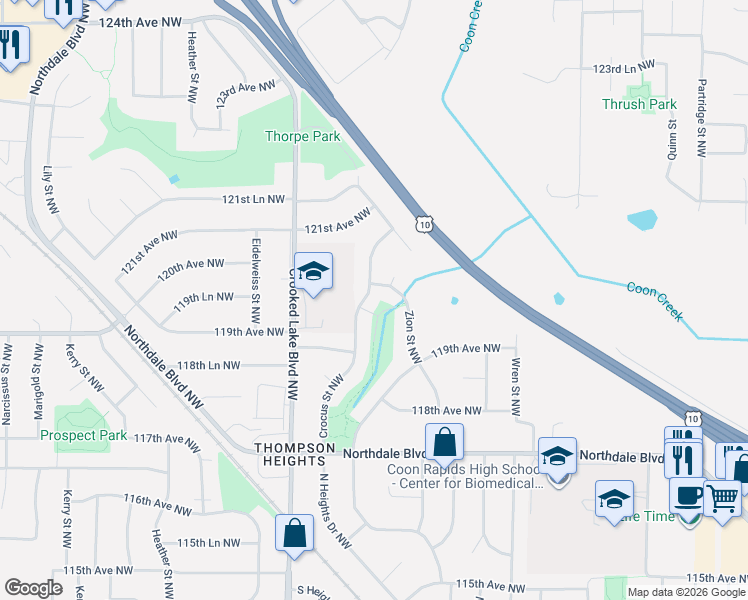 map of restaurants, bars, coffee shops, grocery stores, and more near 11941 Crocus Street Northwest in Coon Rapids