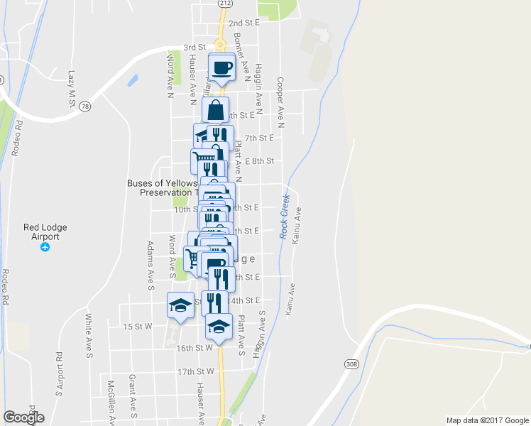 map of restaurants, bars, coffee shops, grocery stores, and more near 20 Haggin Avenue North in Red Lodge