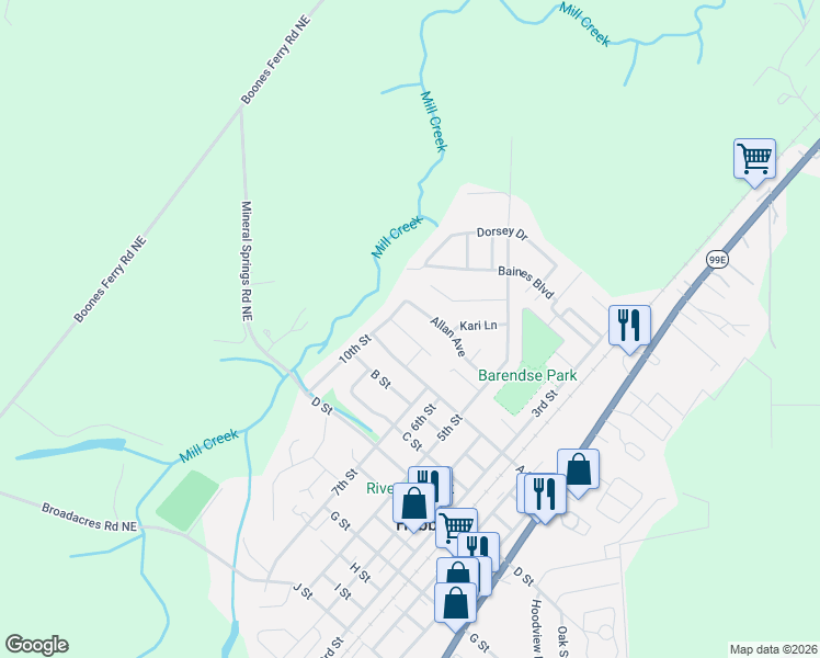map of restaurants, bars, coffee shops, grocery stores, and more near 2185 Thomas Way in Hubbard