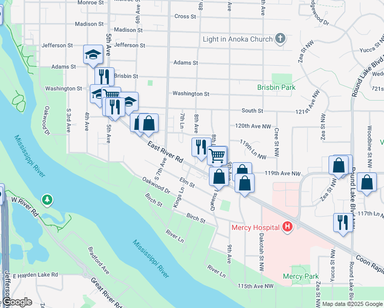 map of restaurants, bars, coffee shops, grocery stores, and more near 749 East River Road in Anoka