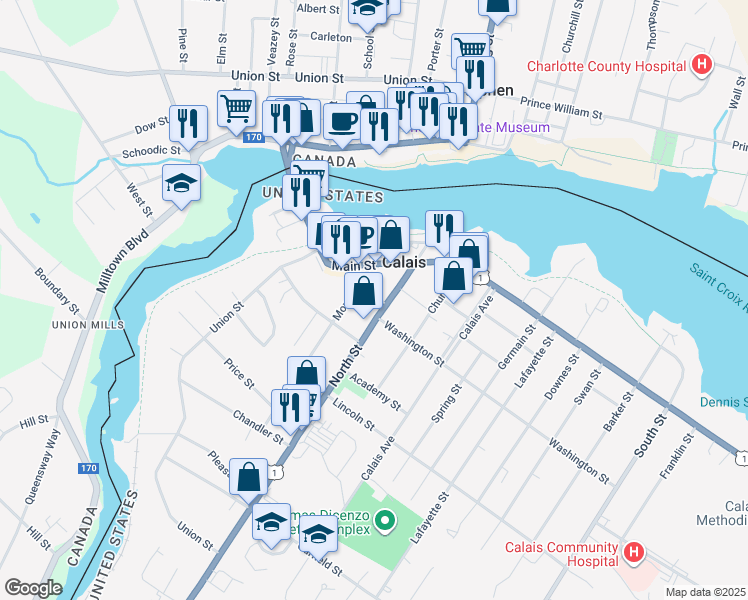map of restaurants, bars, coffee shops, grocery stores, and more near 73-77 North Street in Calais