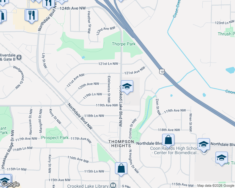 map of restaurants, bars, coffee shops, grocery stores, and more near 11924 Crooked Lk Service Road in Coon Rapids