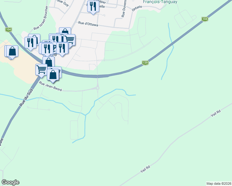 map of restaurants, bars, coffee shops, grocery stores, and more near 124 Rue Albert-Millaire in Cowansville