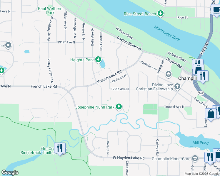 map of restaurants, bars, coffee shops, grocery stores, and more near Pilgrim Lane North in Champlin
